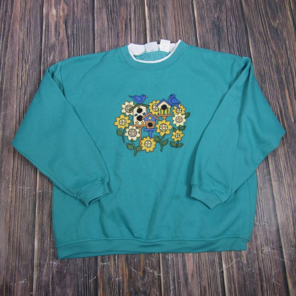 Basic Editions Womens XL Green Fleece Crewneck Sweater Birds Flowers Embroidered